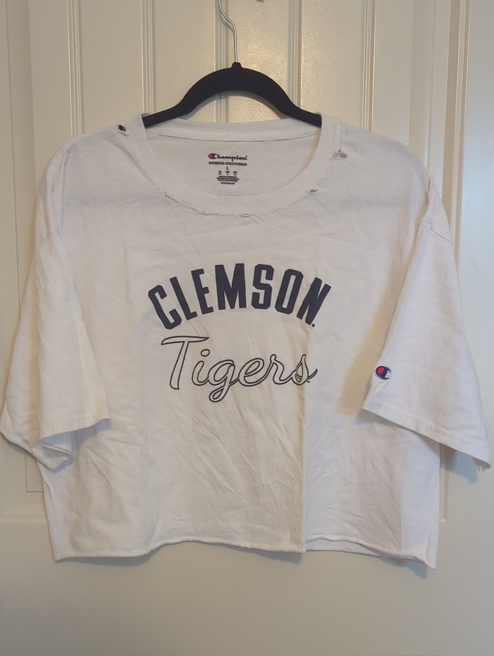 Champion White Clemson Tigers Cropped Distressed Tee Size L